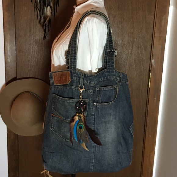 Lucky Brand Handbags - Upcycled Lucky Brand jeans Boho tote bag feathers